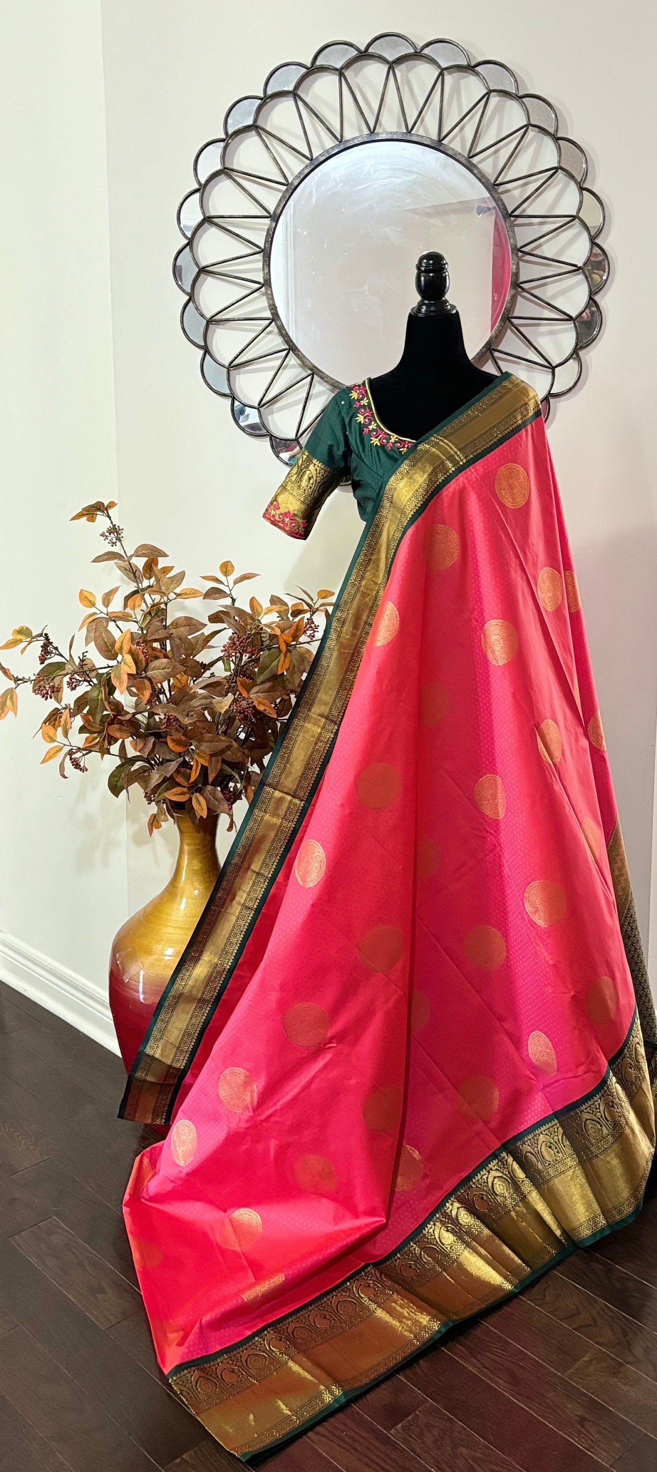 Kanchipuram soft silk saree in rare colors with beautifully done hand  made embroidered blouse with ready to wear work blouse fits 32 to 46