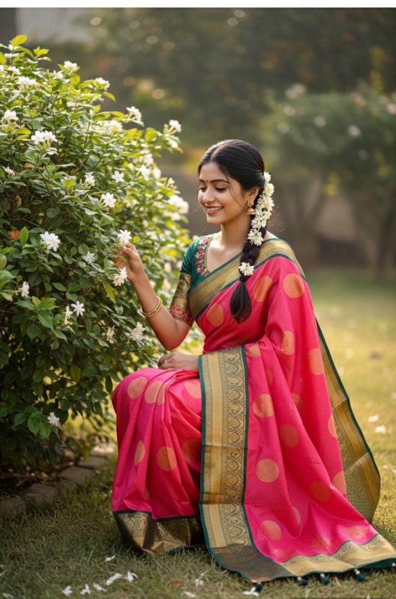 Kanchipuram soft silk saree in rare colors with beautifully done hand  made embroidered blouse with ready to wear work blouse fits 32 to 46