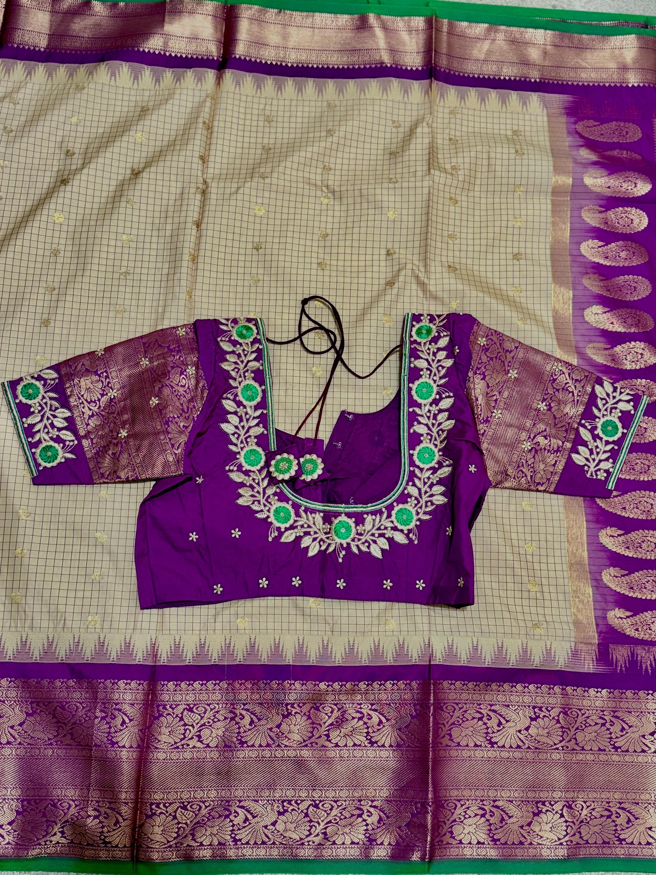 Gadwal Handloom pure silk sarees in rare colors and ready to wear blouse with embroidered blouse fits up to 32 -46 saree is ready fall pico