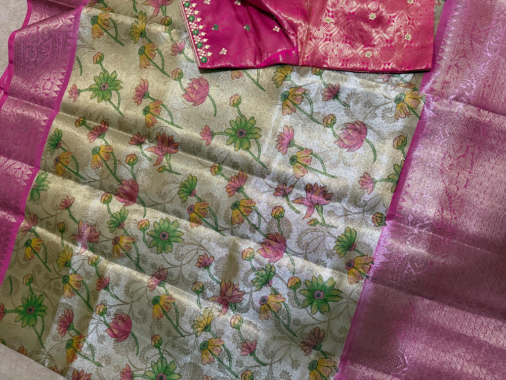 Kanchipuram kalamkari   soft silk saree in rare colors with beautifull embroidered blouse with ready to wear work blouse fits 32 to 46