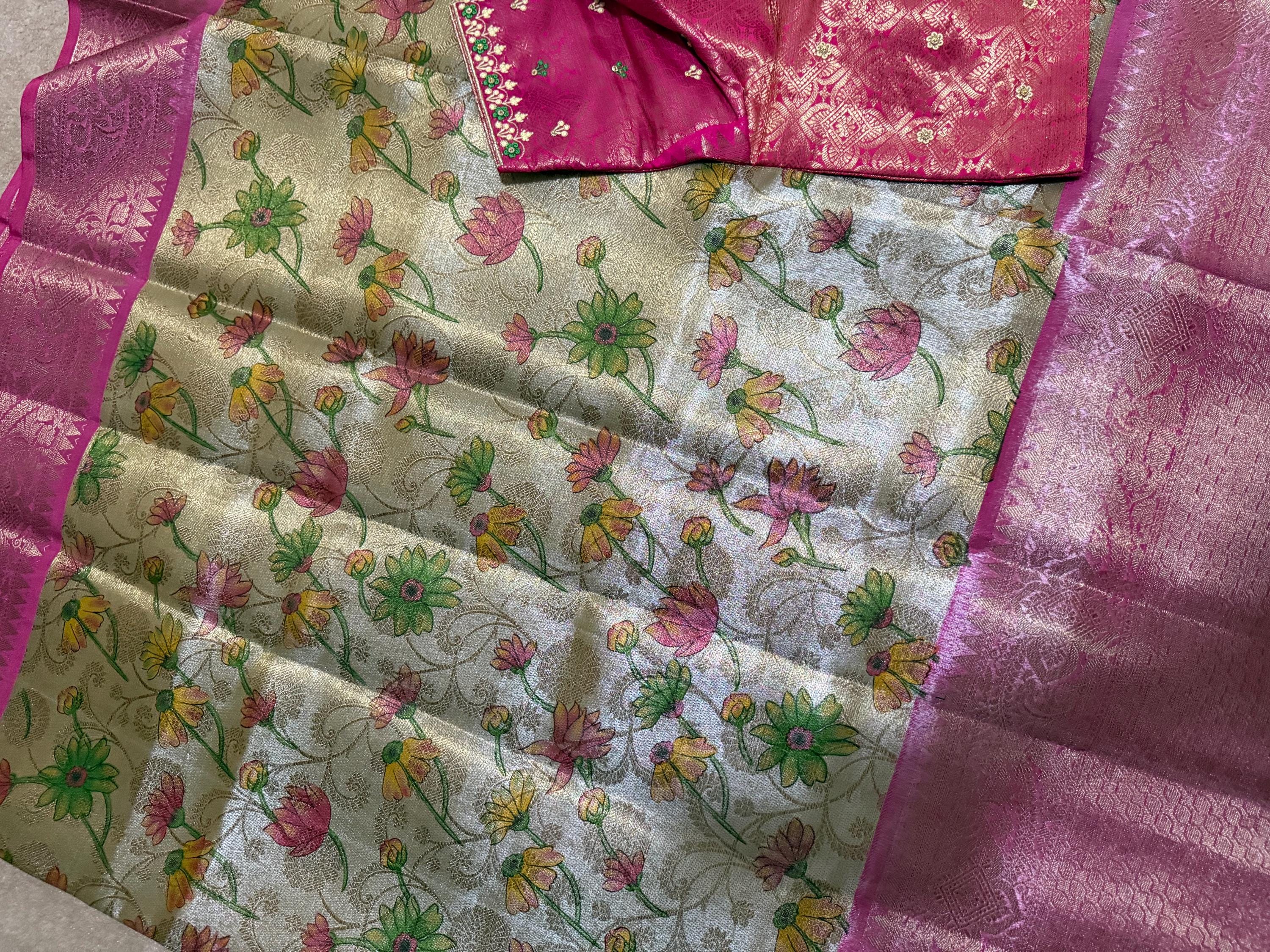 Kanchipuram kalamkari   soft silk saree in rare colors with beautifull embroidered blouse with ready to wear work blouse fits 32 to 46