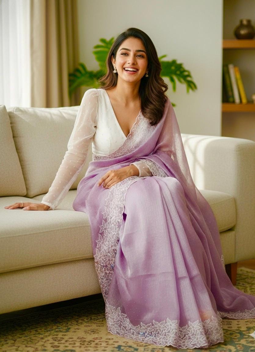 Beautiful designer saree  pretty embroidery border and all over stone work paired with beautiful designer blouse /ask seller before placing