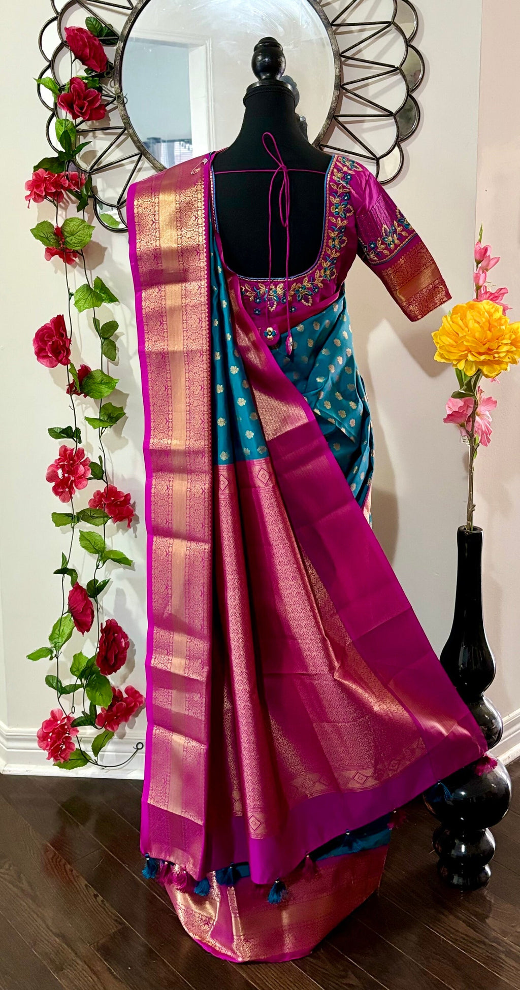 Kanchipuram soft silk saree in rare colors with beautifully done hand  made embroidered blouse with ready to wear work blouse fits 32 to 46