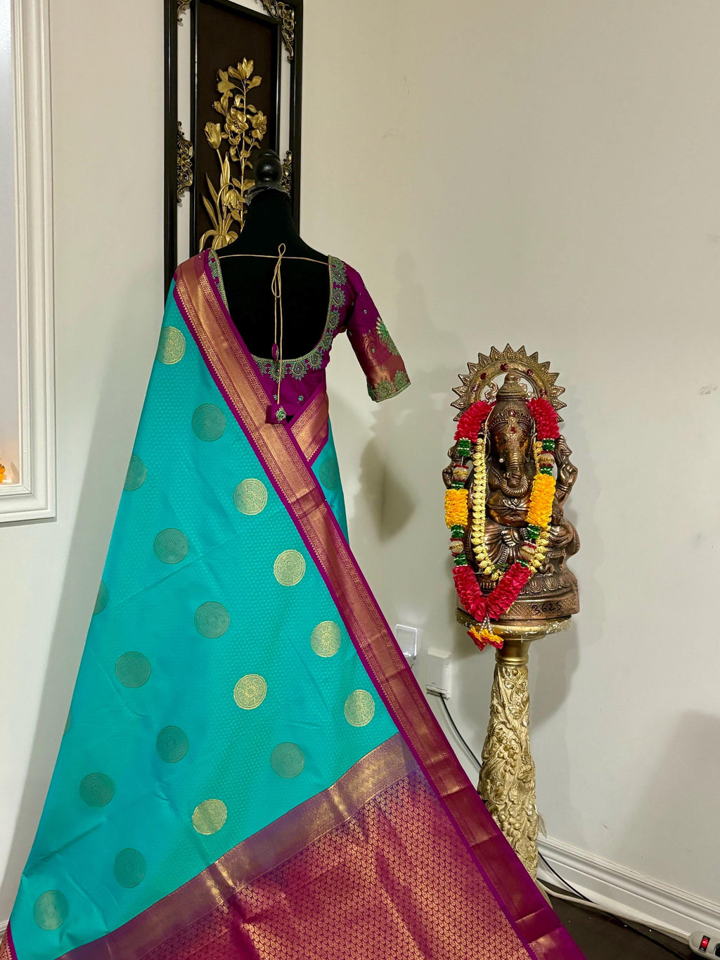 Kanchipuram soft silk saree in rare colors with beautifully done hand  made embroidered blouse with ready to wear work blouse fits 32 to 46