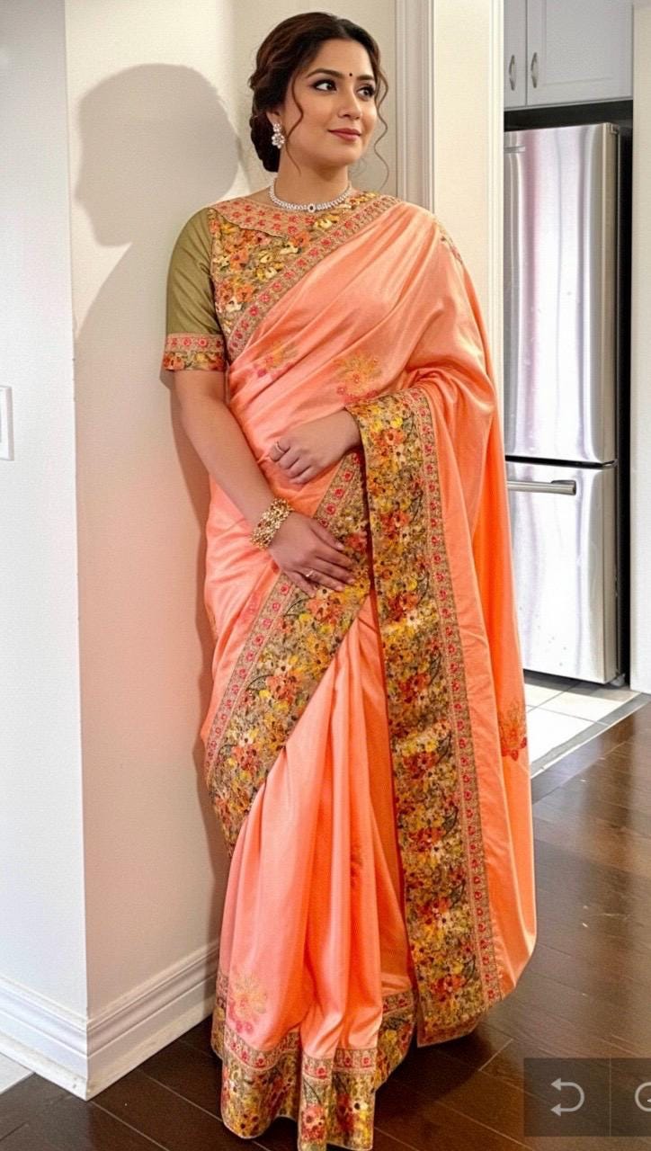 Beautiful Pure Silk Georgette Saree with embroidered blouse and embroidered boarder with ready to wear blouse