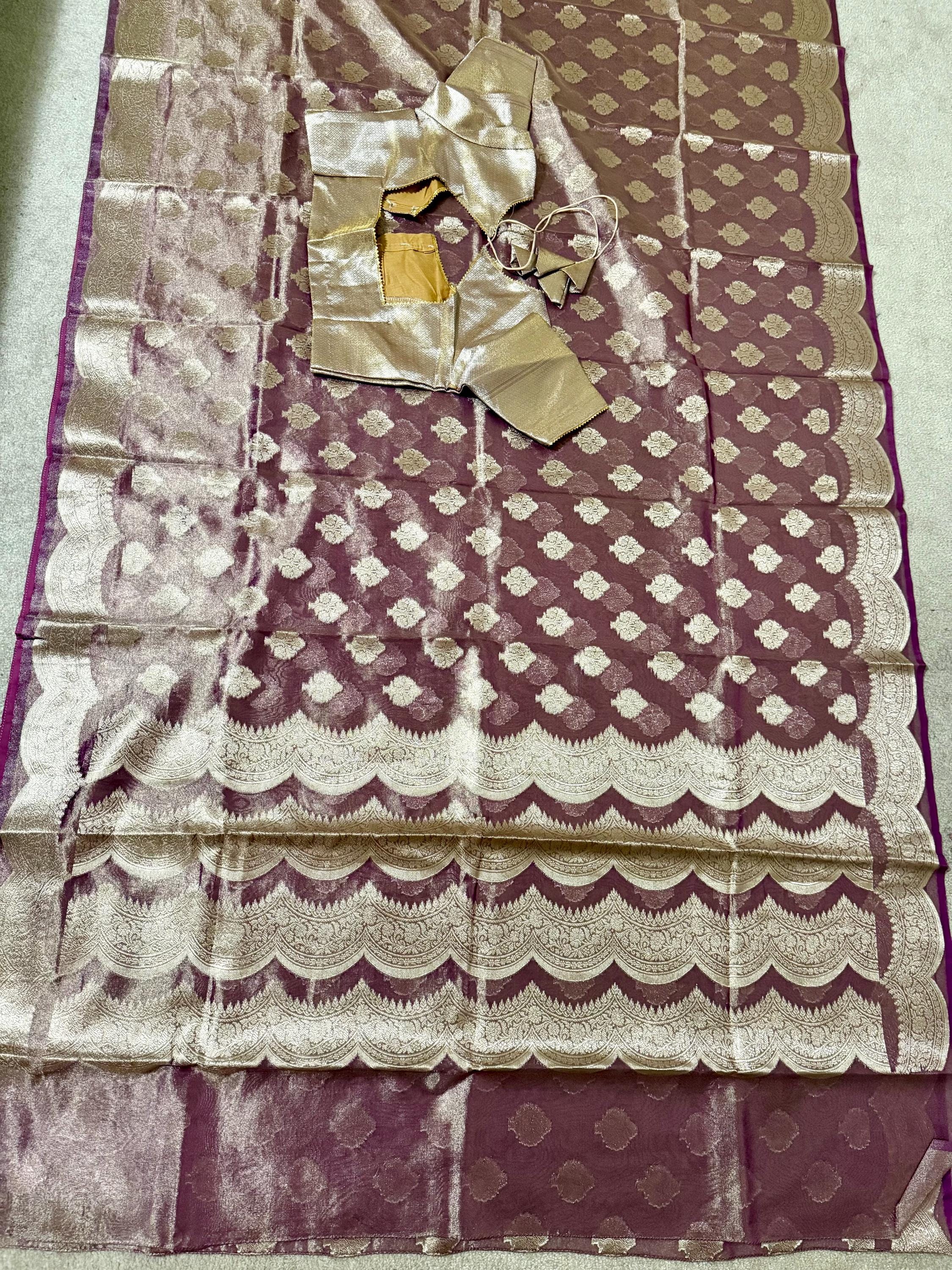 Beautiful party wear cocktail pure silk  banarasi  tissue  saree paired up with pretty designer Blouse fits 32-46