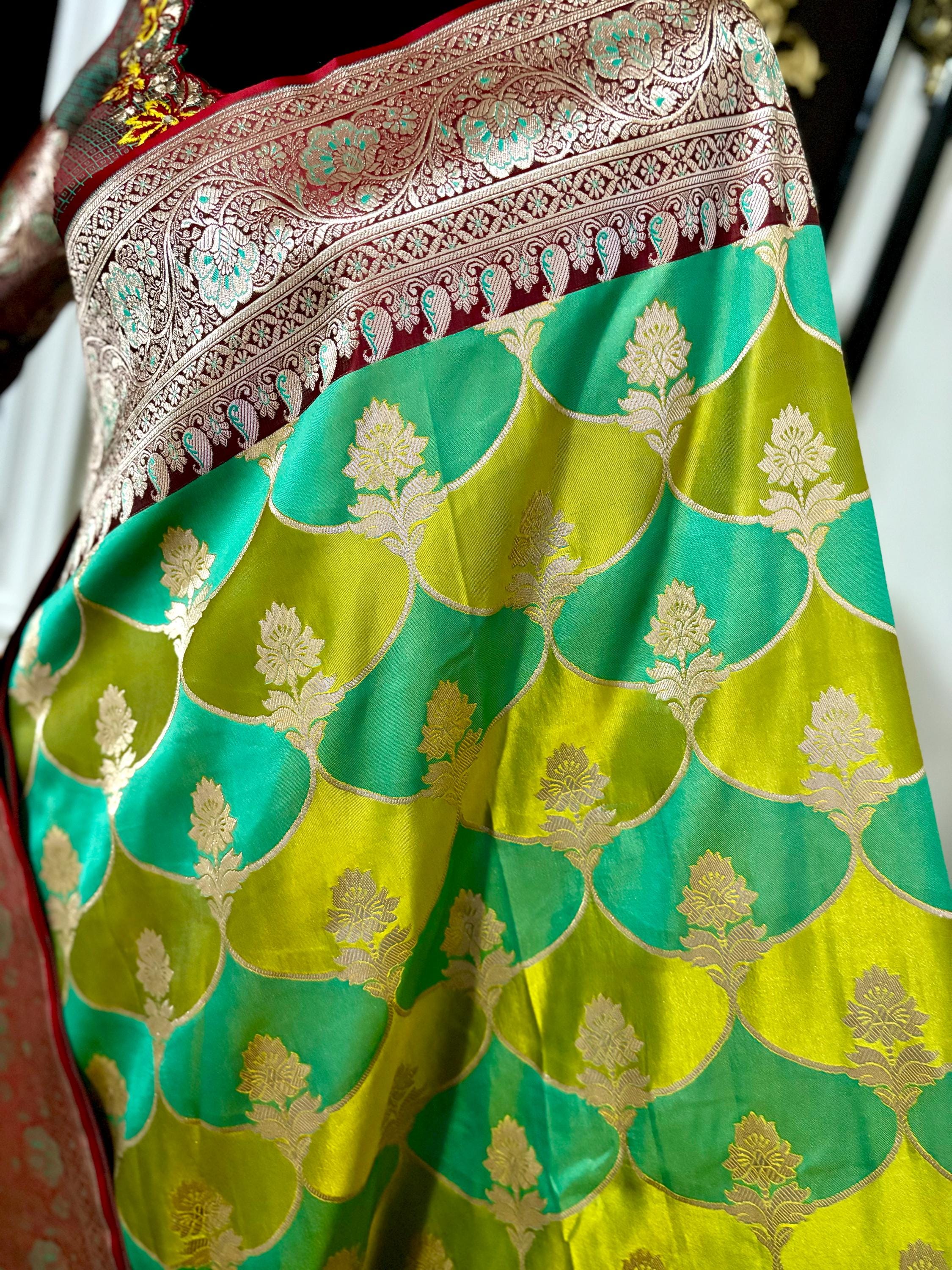 Pure silk  banarasi silk saree paired up with beautiful embroidery blouse fits to 32 to 46 in beautiful rare colors all over jaal. Cocktails