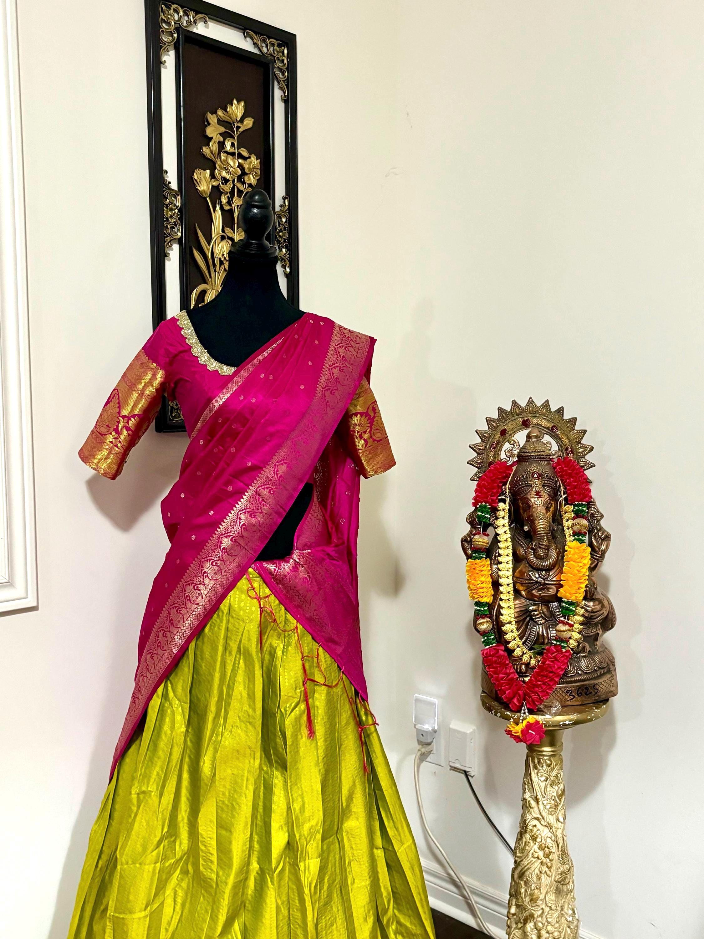 Beautiful colors Kanchi pattu Lihanga with beautiful Kanchi boarder is made of Handloom cloths ready with ready to wear blouse sizes 32 - 48
