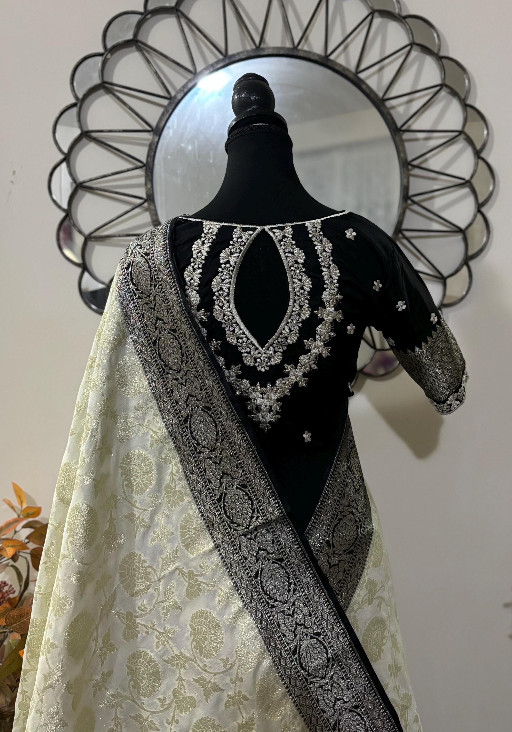 Beautiful banarasi silk saree paired up with beautiful embroidery blouse fits to 32 to 46 in beautiful rare colors all over jaal. Cocktails