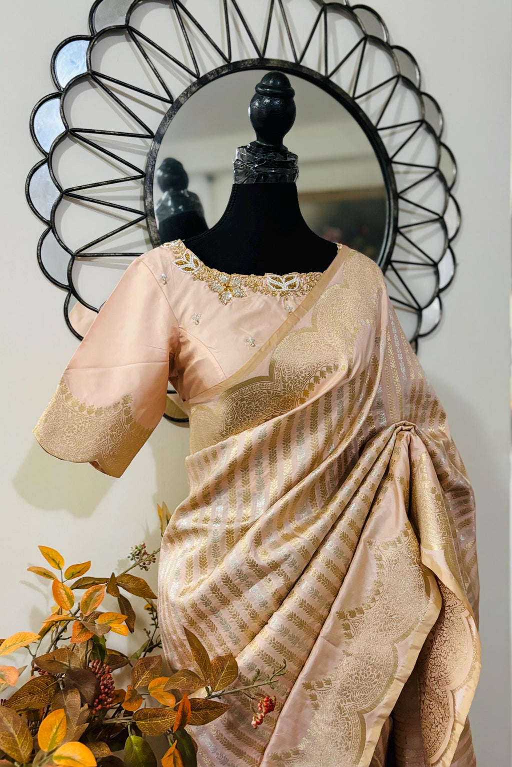 Beautiful Banarasi kataan silk  saree paired up with pretty Maggam work blouse. Blouse sizes can be customized.