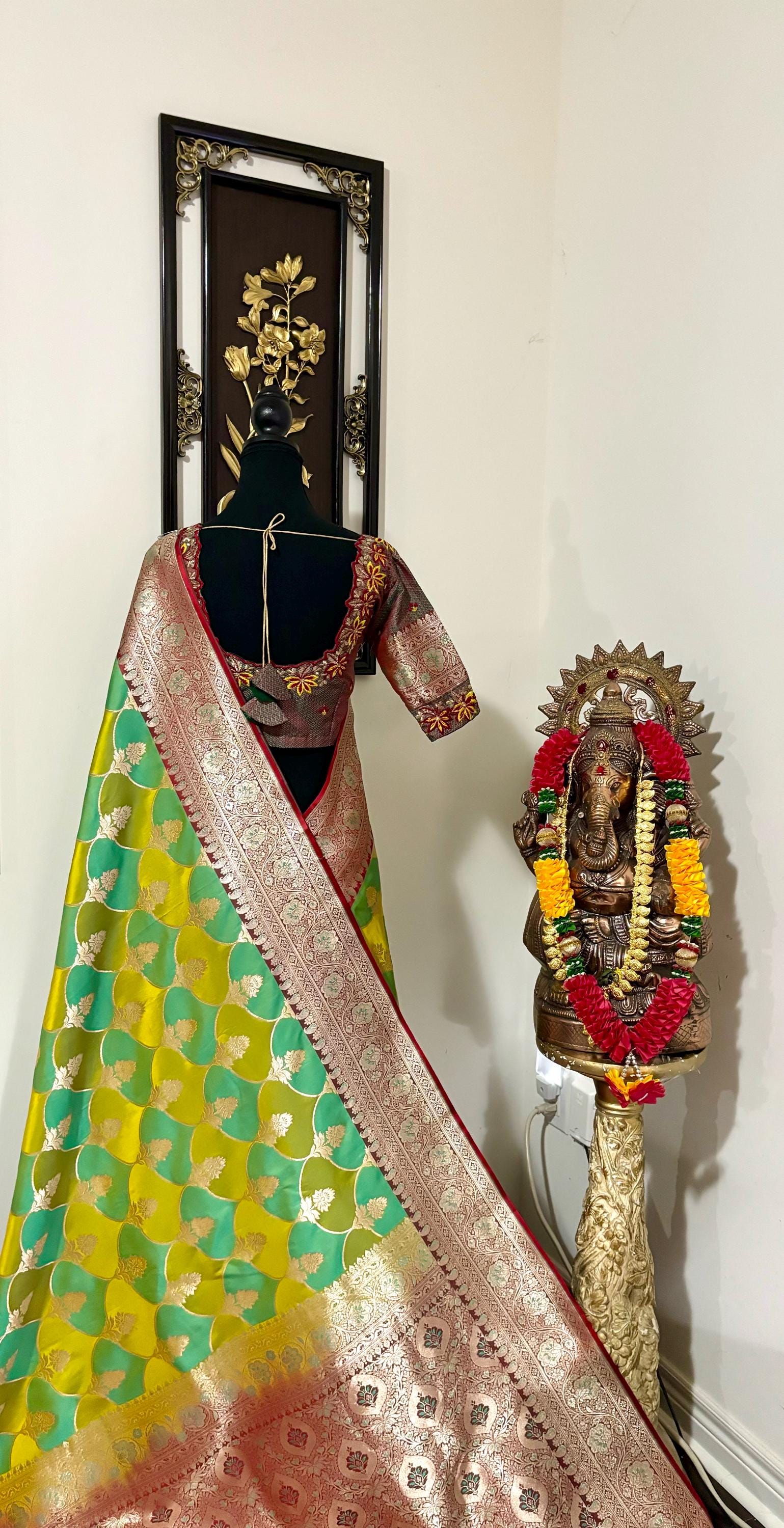 Pure silk  banarasi silk saree paired up with beautiful embroidery blouse fits to 32 to 46 in beautiful rare colors all over jaal. Cocktails