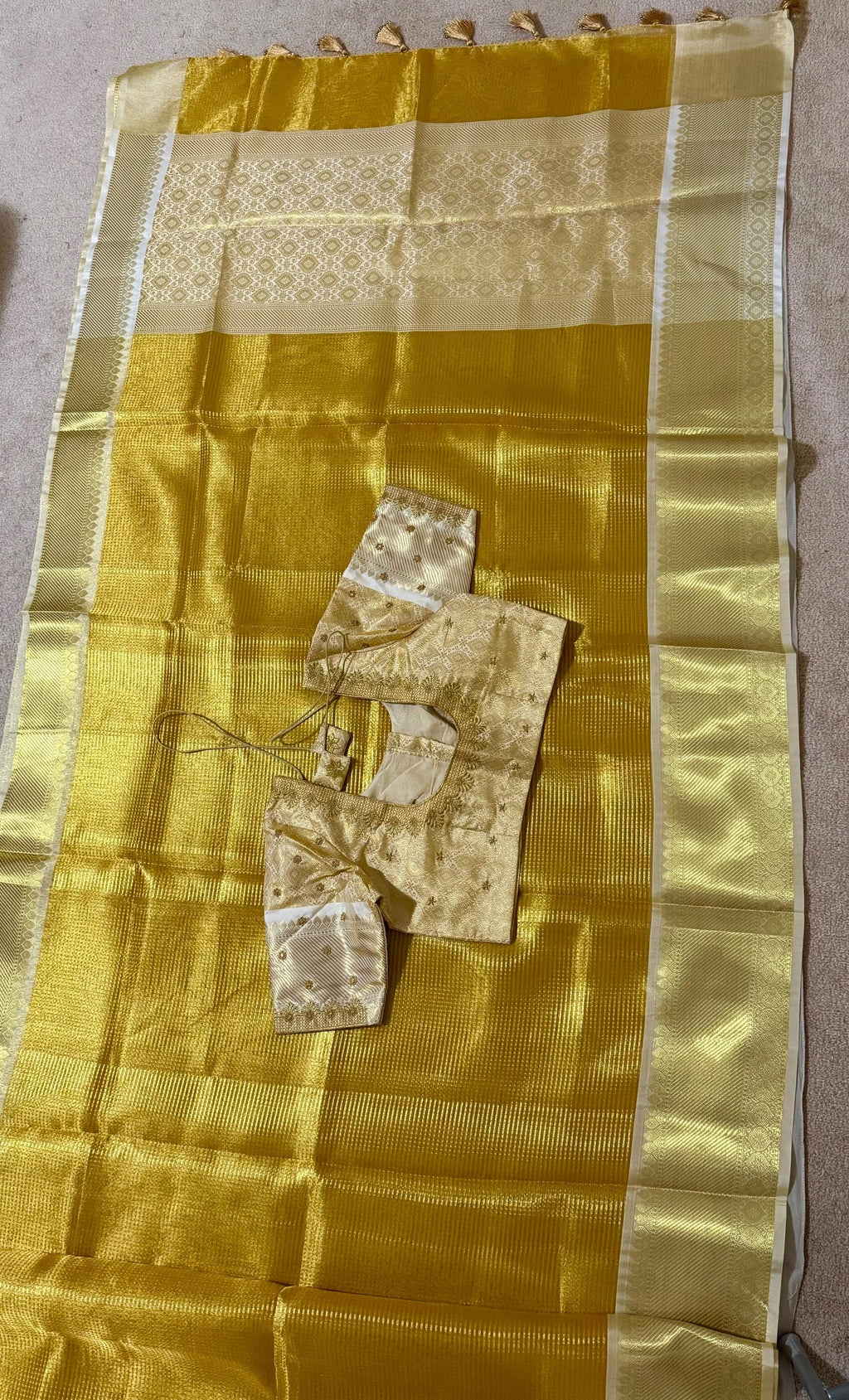 Bangalore silk golden saree with self weaving zari lines on all over with beautifully done work blouse fits 32 to 46