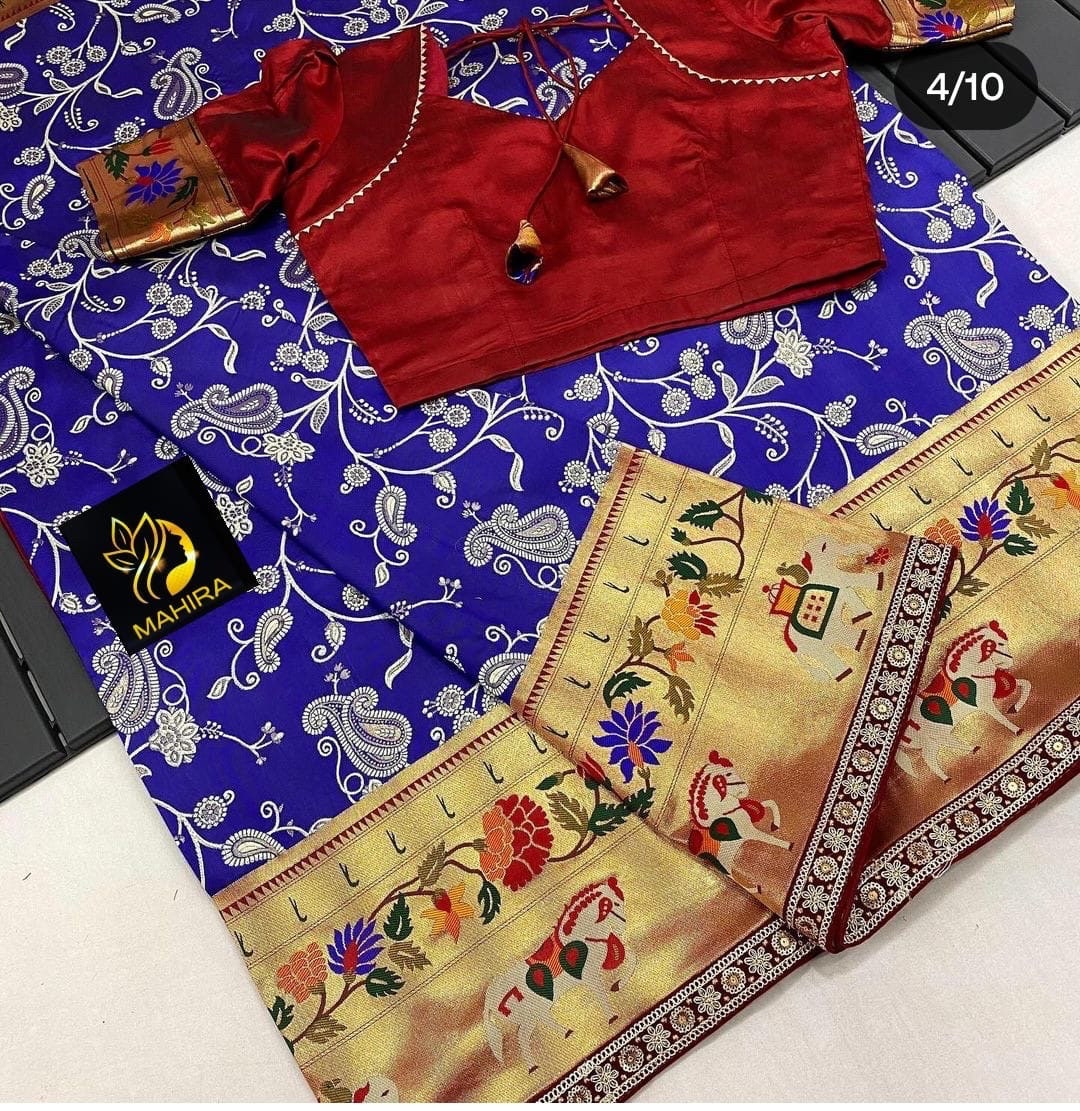 Beautiful soft paithani silk saree with all over zari weaving along with contrast munia border and pretty sequins lace border