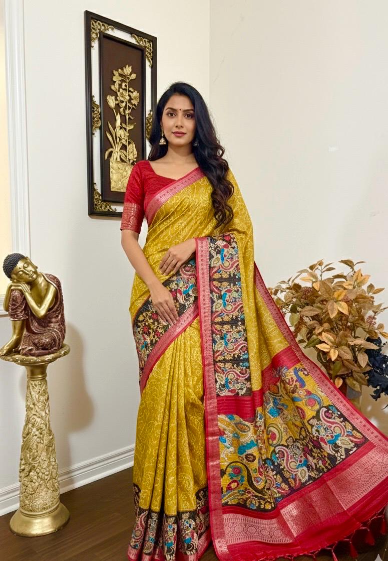 Beautiful Light weight Emarald silk saree  with Kanchi boarder  Bhandini prints ready blouse fits 32 to 46 with beautiful color combo