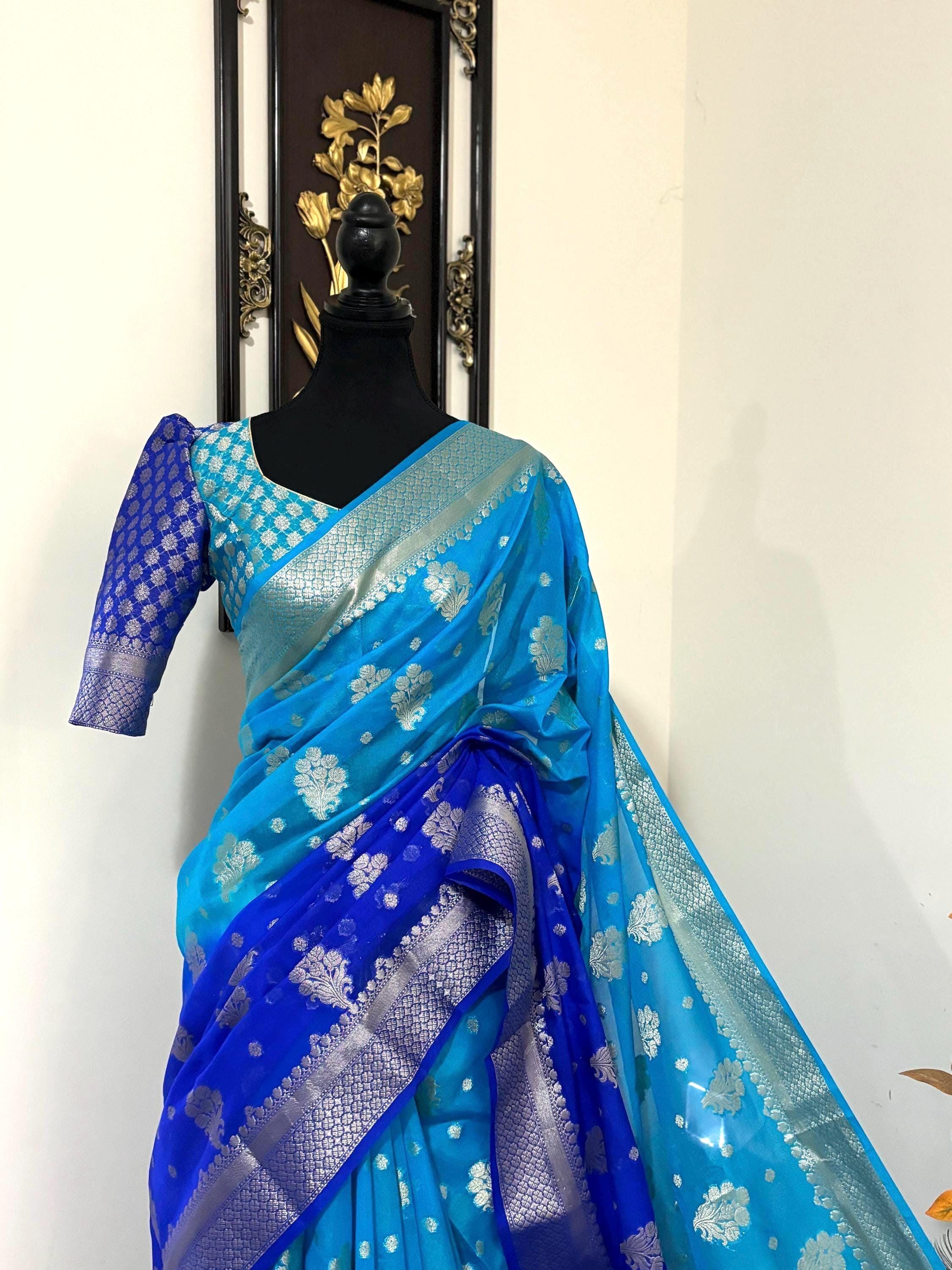 Banarasi dual shade handloom khadi georgette silk saree all over beautiful water zari weaving beautiful combinations, any color possible