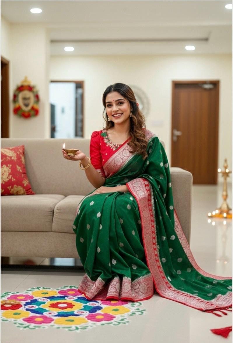 Beautiful banarasi kattan saree paired up with pretty maggam work blouse.