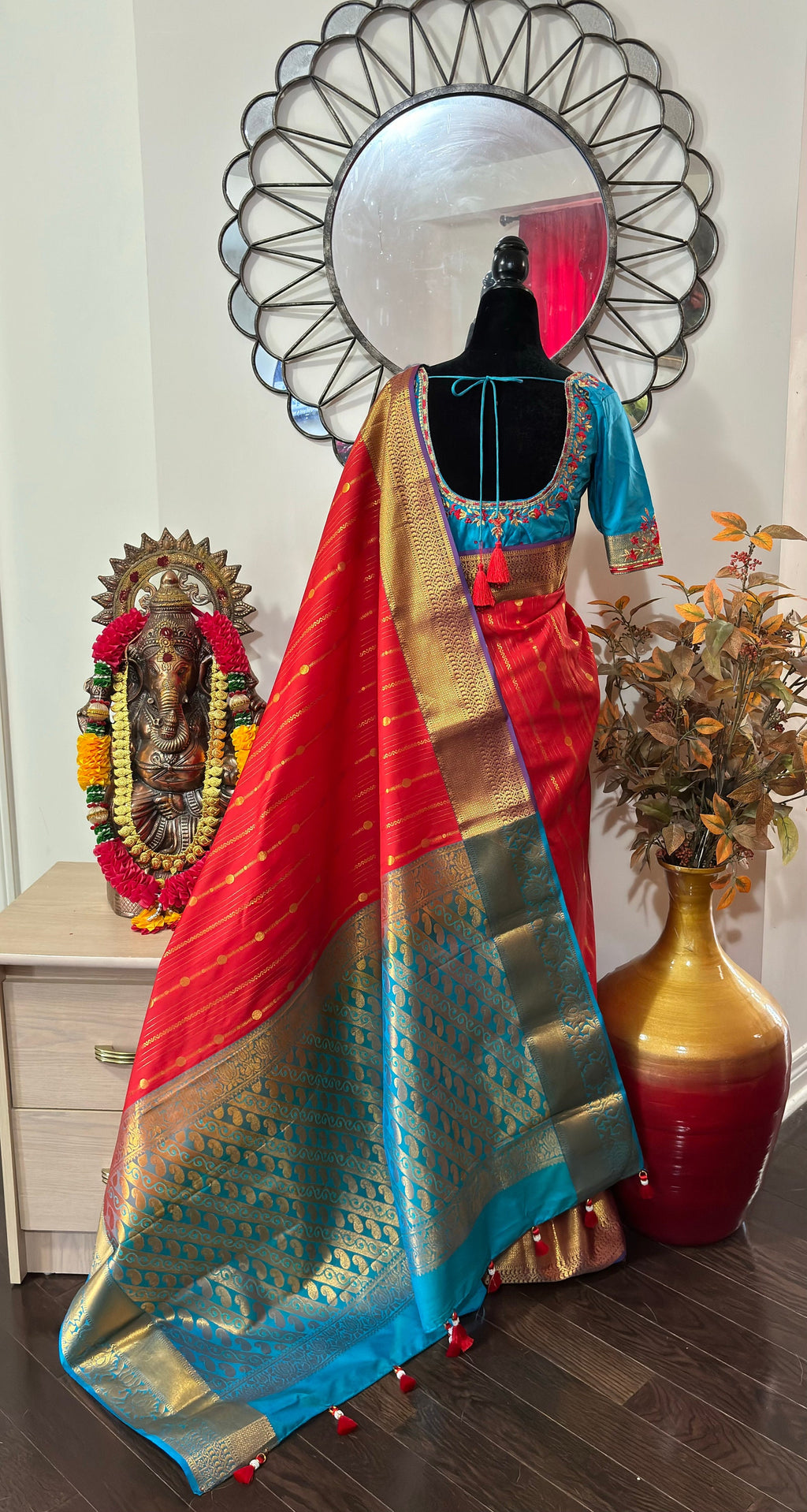 Kanchipuram soft silk saree in rarecolors with beautifully done hand  made embroidered blouse with readytowear work blouse fitsup to32 to 46