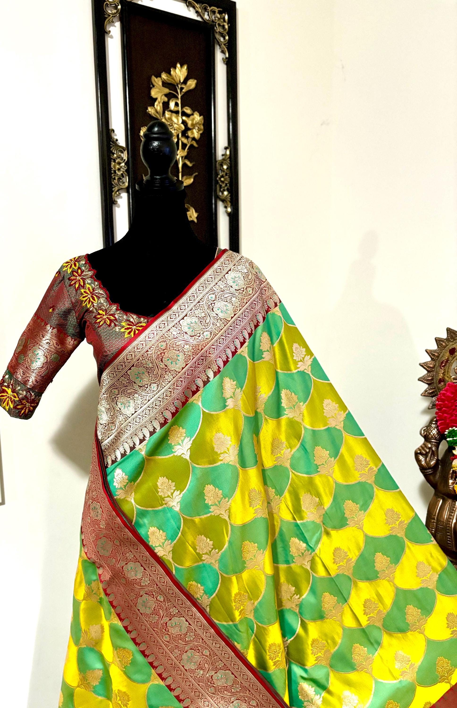 Pure silk  banarasi silk saree paired up with beautiful embroidery blouse fits to 32 to 46 in beautiful rare colors all over jaal. Cocktails