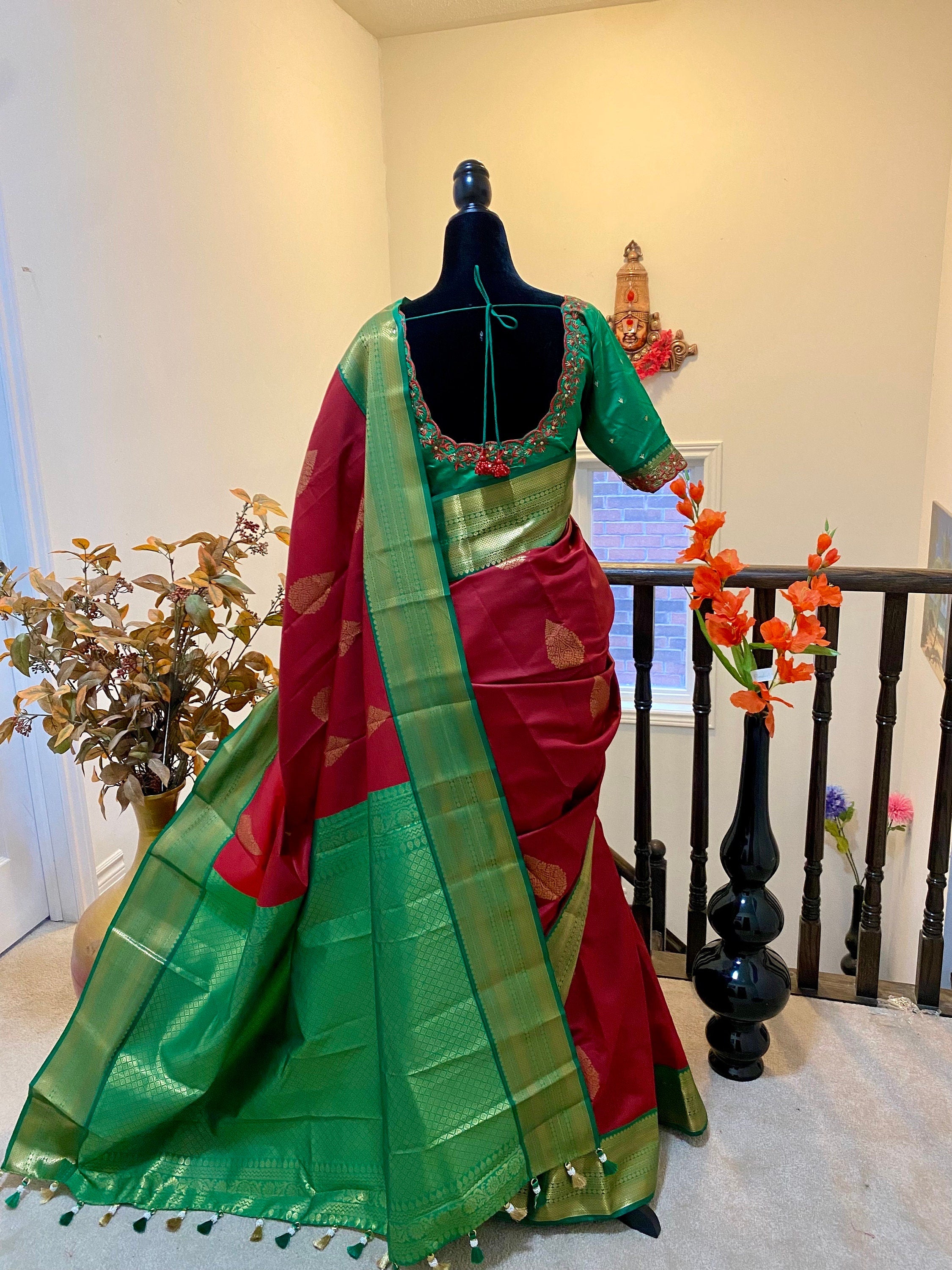 Kanchipuram soft  silk saree with ready to wear maggam work blouse fits to 32 to 46