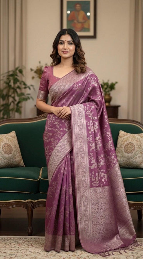 Beautiful banarasi saree with silver Zari weaving all over the saree paired up with pretty ready to wear  blouse that fits to 32 to 46