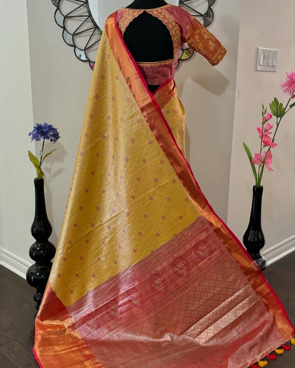 Kanchipuram soft silk saree in rare colors with beautifully done hand  made embroidered blouse with ready to wear work blouse fits 32 to 46