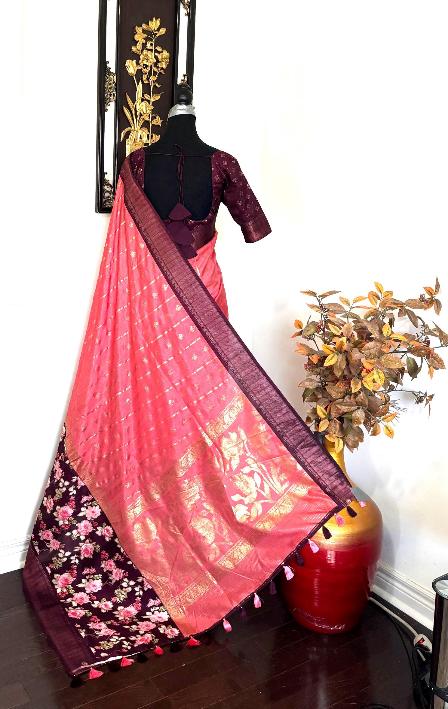 Light weight easy to drape Soft Silk fancy Saree; with beautiful pythani boarder, with Pochampalli design ready to wear Blouse fits 32-46