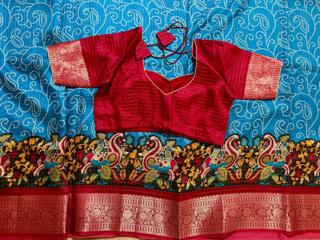 Beautiful Light weight Emarald silk saree  with Kanchi boarder  Bhandini prints ready blouse fits 32 to 46 with beautiful color combo