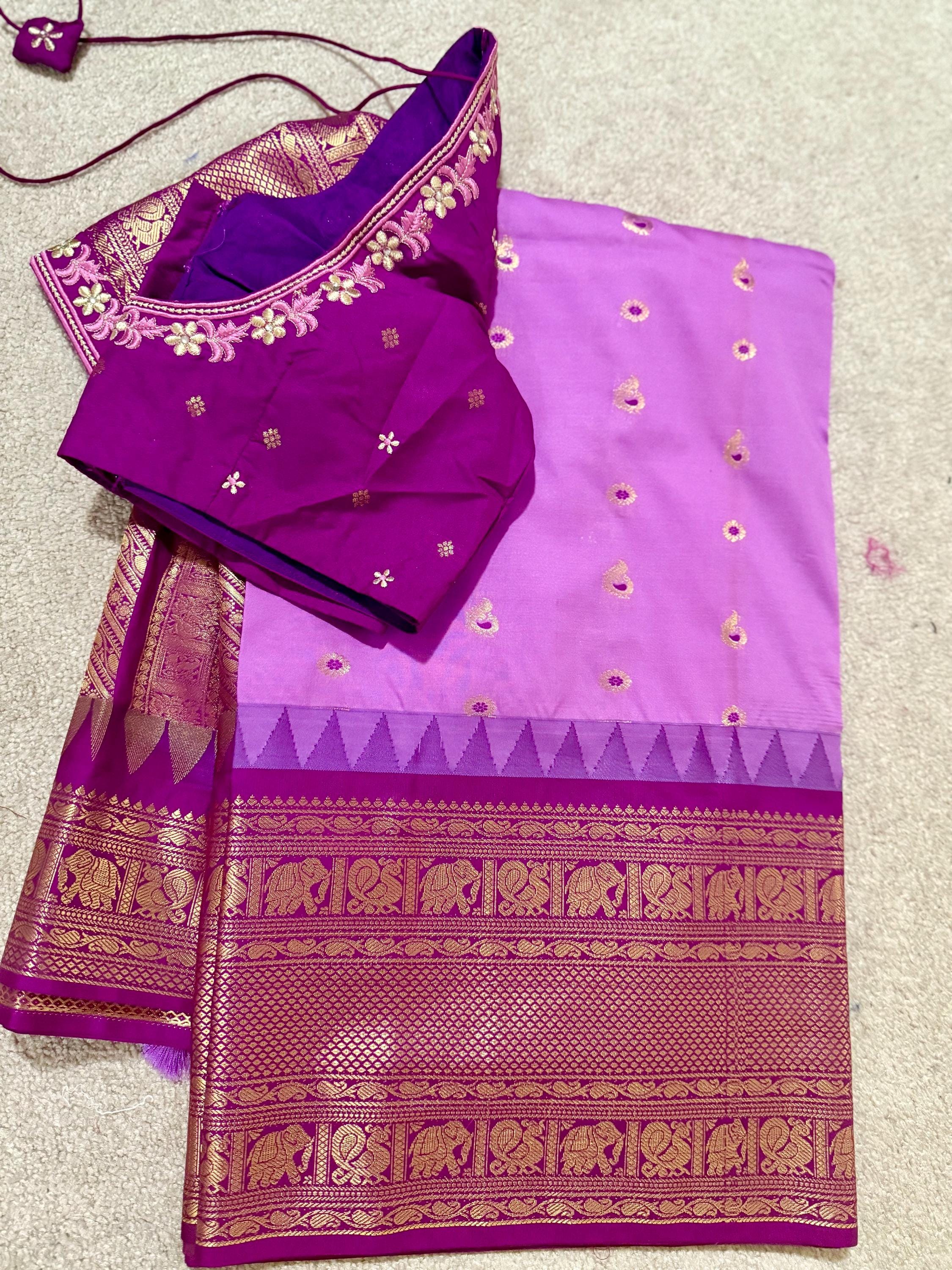 Gadwal Handloom pure silk sarees in rare colors and ready to wear blouse with embroidered blouse fits up to 32 -46 saree is ready fall pico