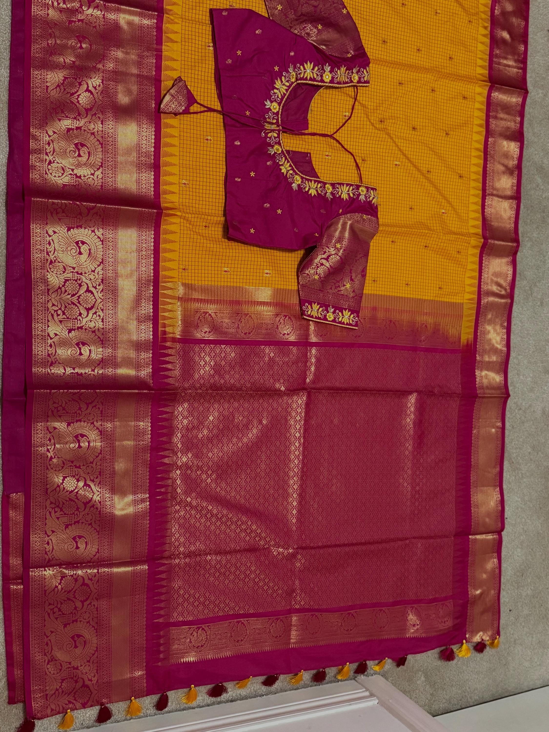 Gadwal  fancy powerloom pure silk sarees ready to wear blouse with embroidered blouse fits up to 32 -46 saree is ready fall pico done