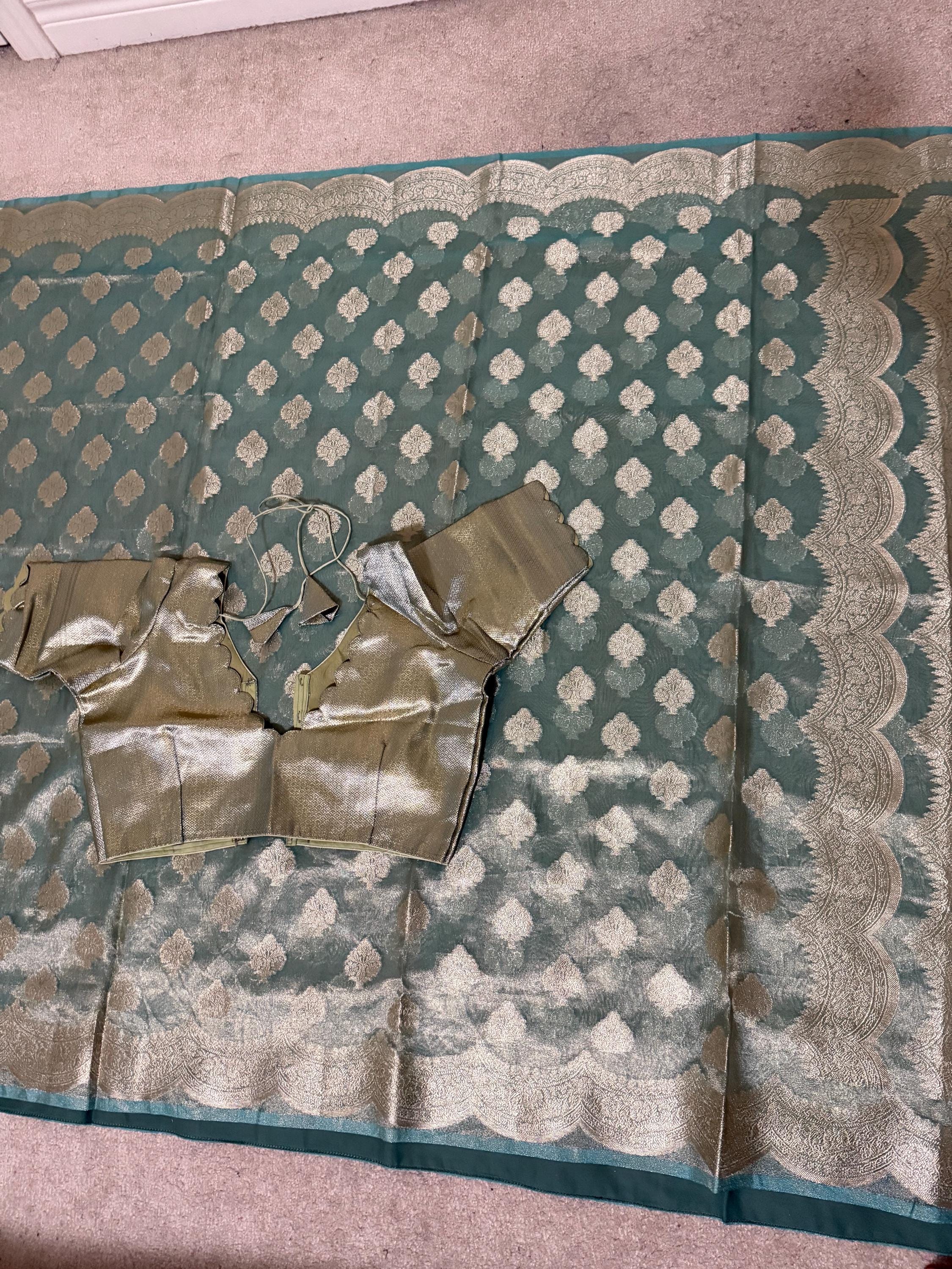 Beautiful party wear cocktail pure silk  banarasi  tissue  saree paired up with pretty designer Blouse fits 32-46