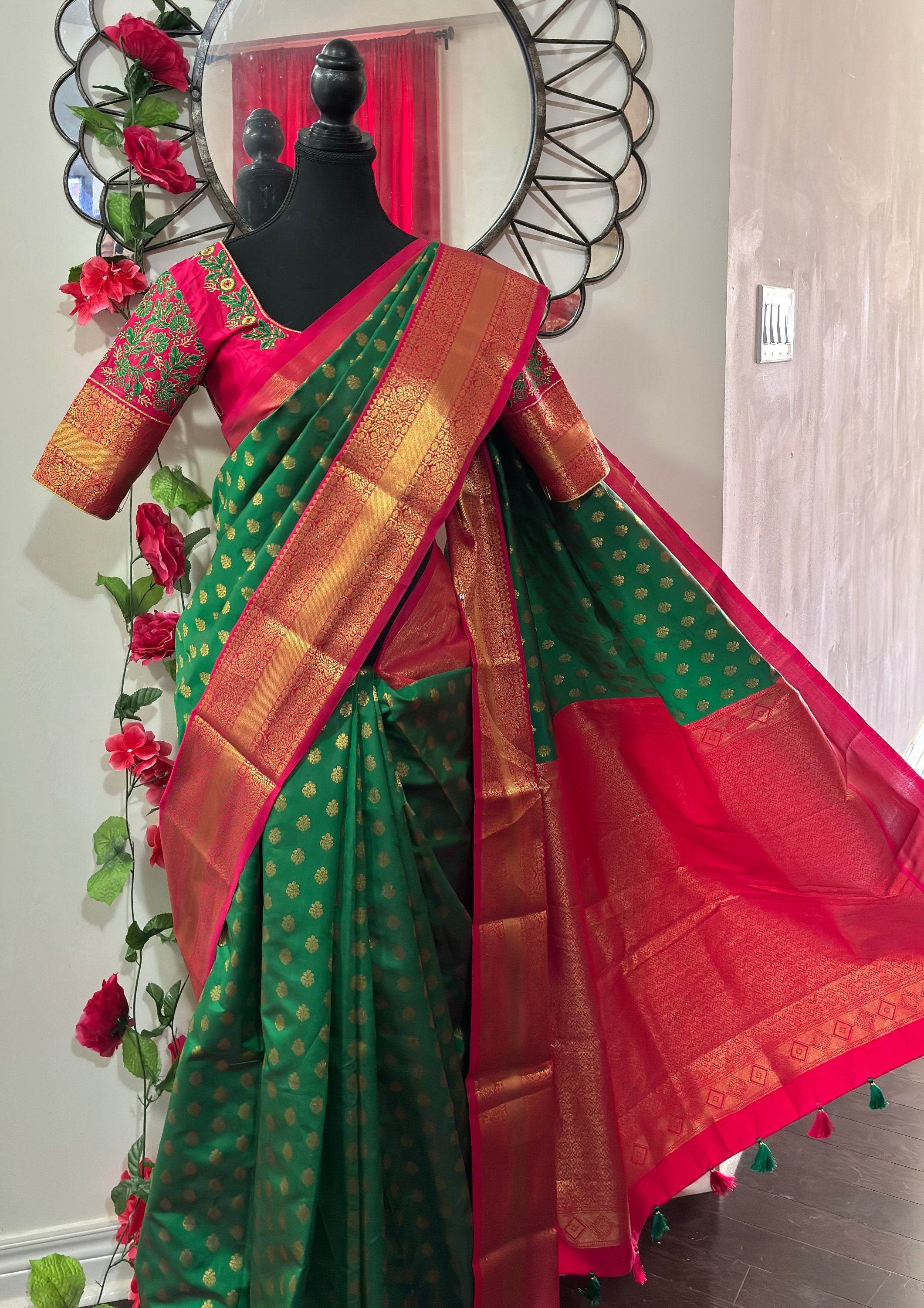 Kanchipuram soft silk saree in rarecolors with beautifully done hand  made embroidered blouse with readytowear work blouse fitsup to32 to 46