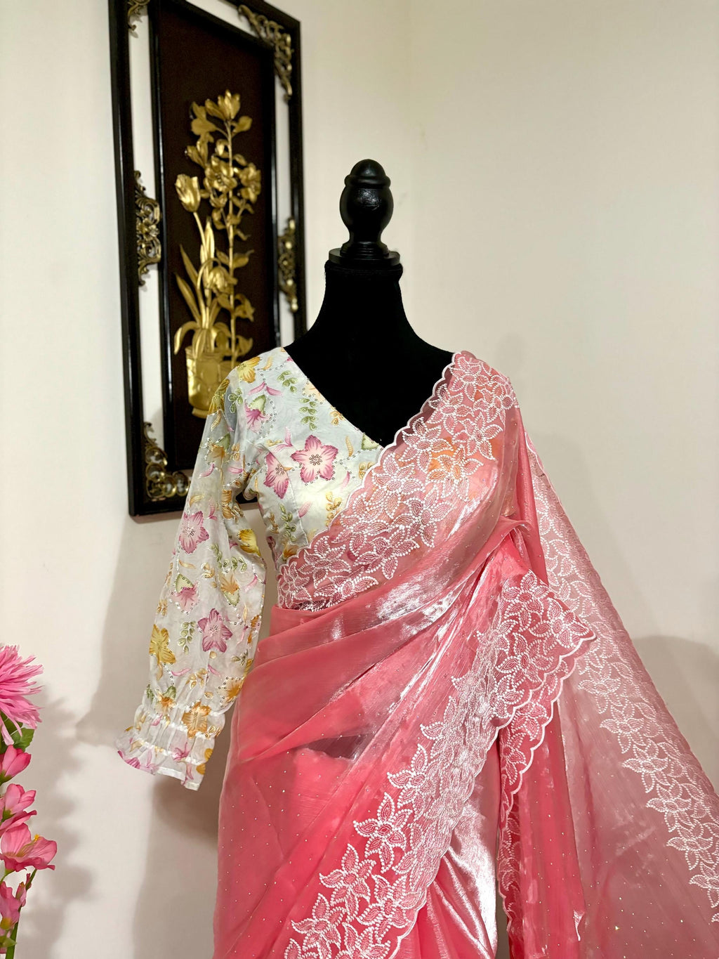 Beautiful shimmer georgett handloom georgette silk saree all over beautiful pearl and thread  weaving and beautiful boarder ready blouse