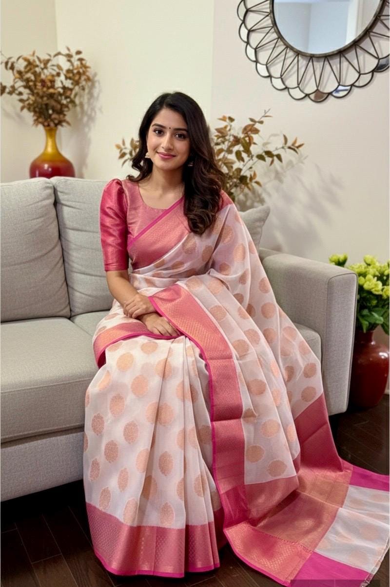 Pure silk Banarasi soft silk organza with Kanchi Boarder /Ready to wear Blouse fits 32-44