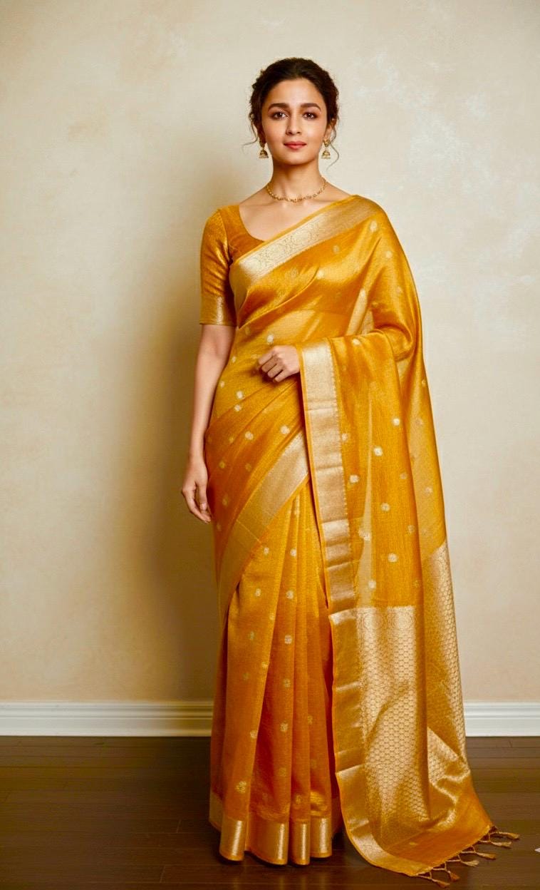 Beautiful party wear cocktail pure silk  banarasi crush tissue  saree paired up with pretty designer Blouse fits 32-46