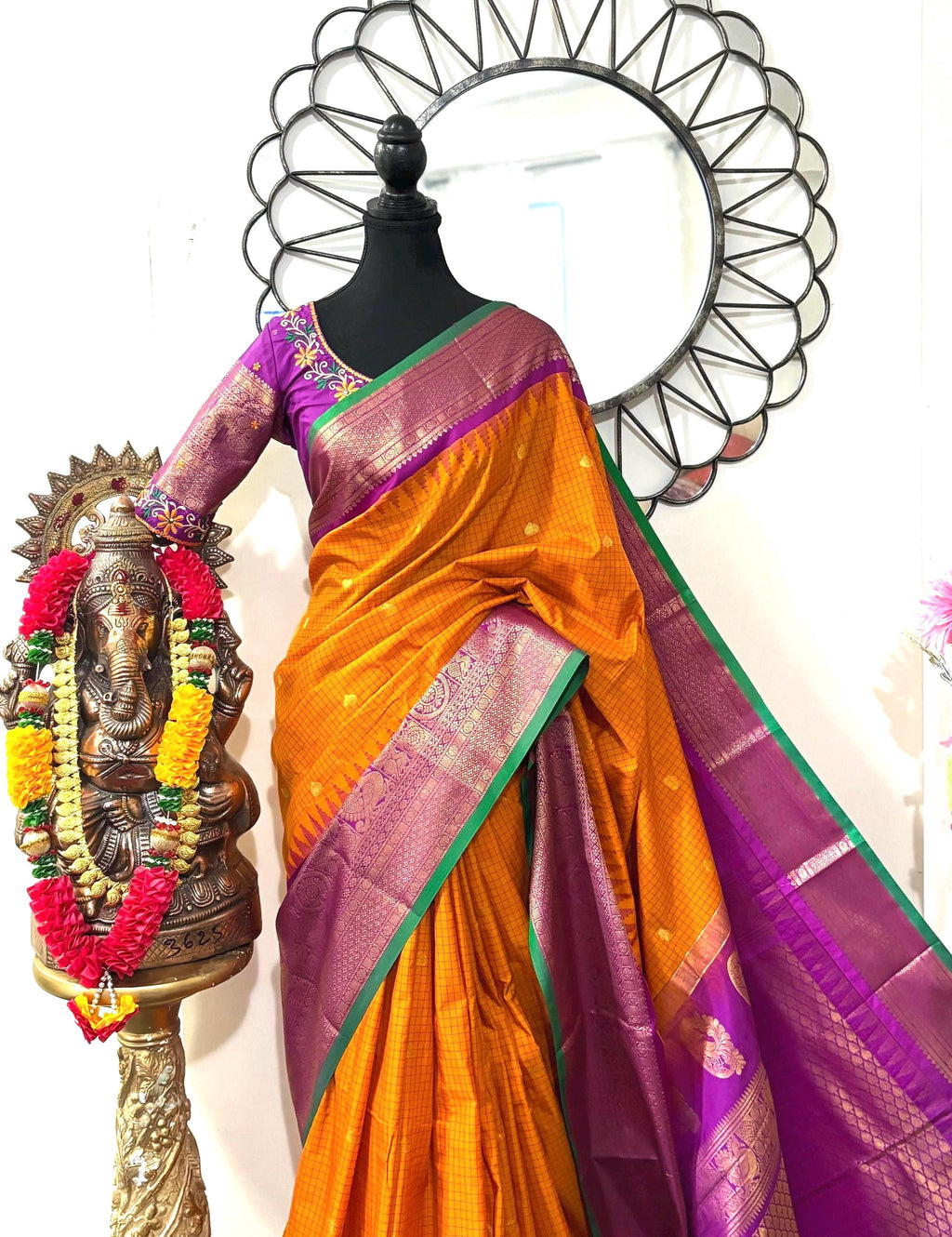 Gadwal Handloom pure silk sarees in Orangish yellow, ready to wear blouse with embroidered blouse fits up to 32 -46 saree is ready fall pico