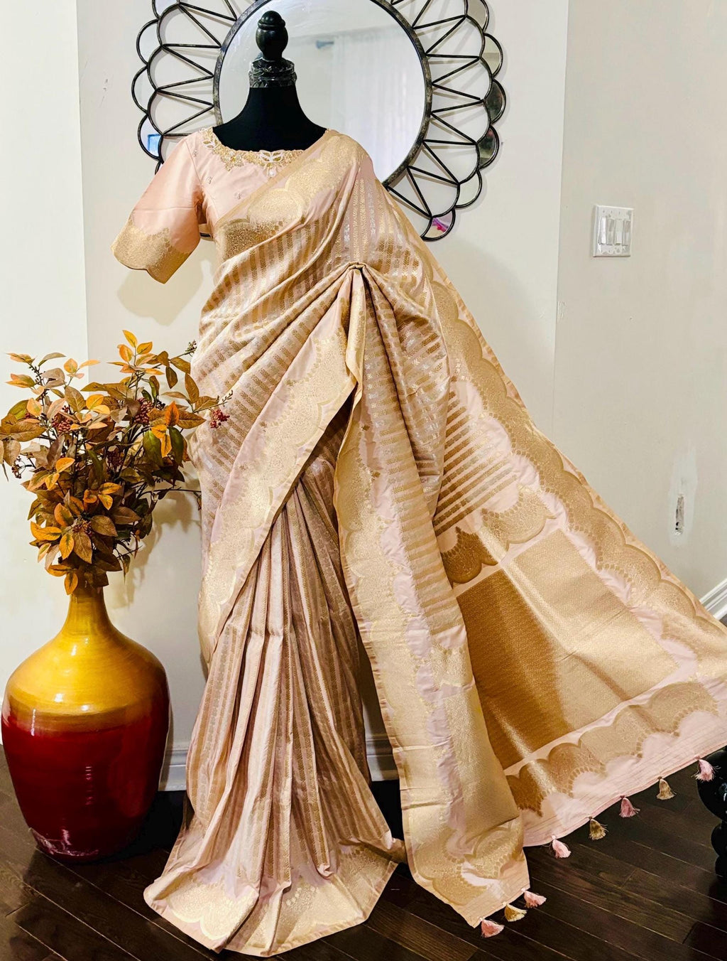 Beautiful Banarasi kataan silk  saree paired up with pretty Maggam work blouse. Blouse sizes can be customized.