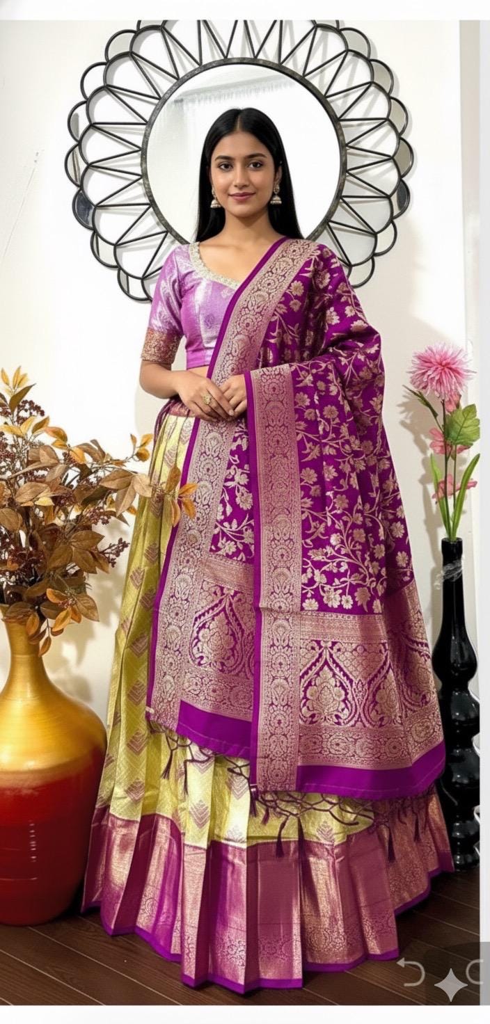Beautiful colors Kanchi pattu Lihanga with beautiful Kanchi boarder is made of Handloom cloths ready with ready to wear blouse sizes 32 - 48