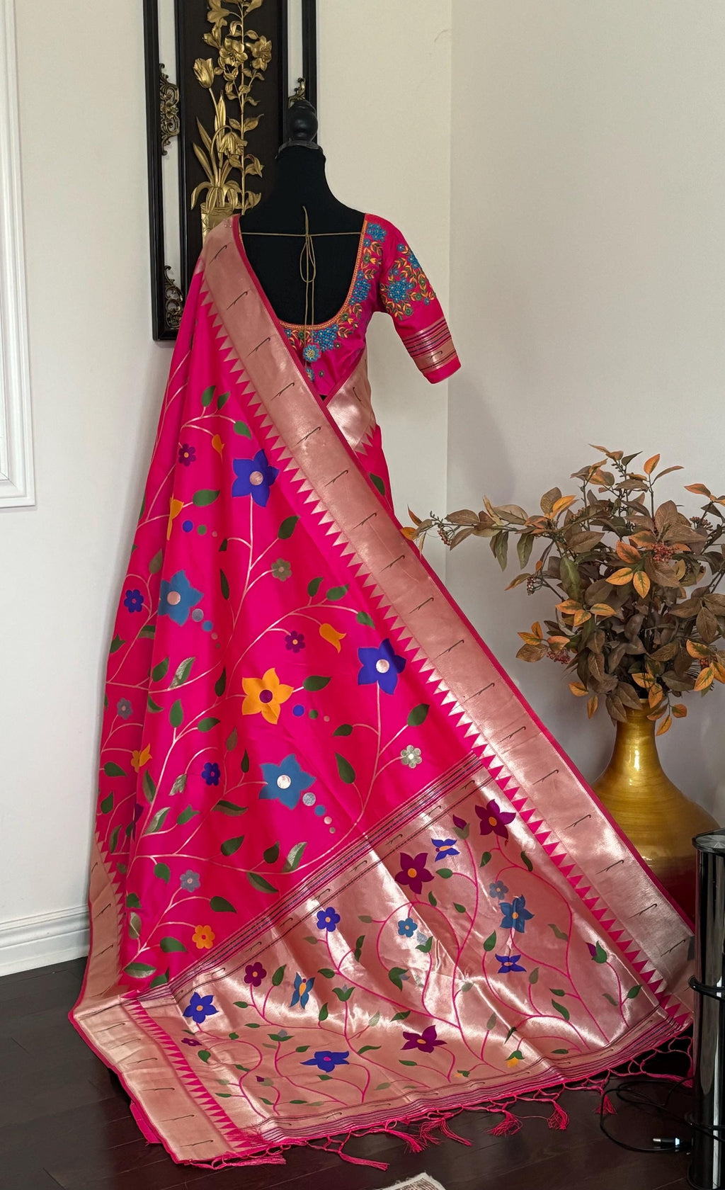 Beautiful pythani pure silk saree with all over floral design  ready to wear Maggam work blouse fit up to 32 to 46