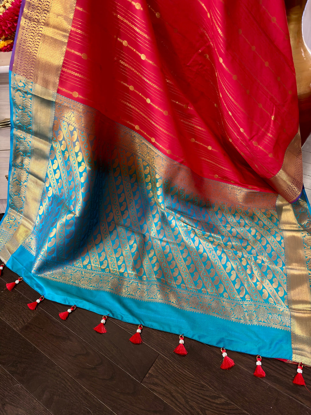 Kanchipuram soft silk saree in rarecolors with beautifully done hand  made embroidered blouse with readytowear work blouse fitsup to32 to 46
