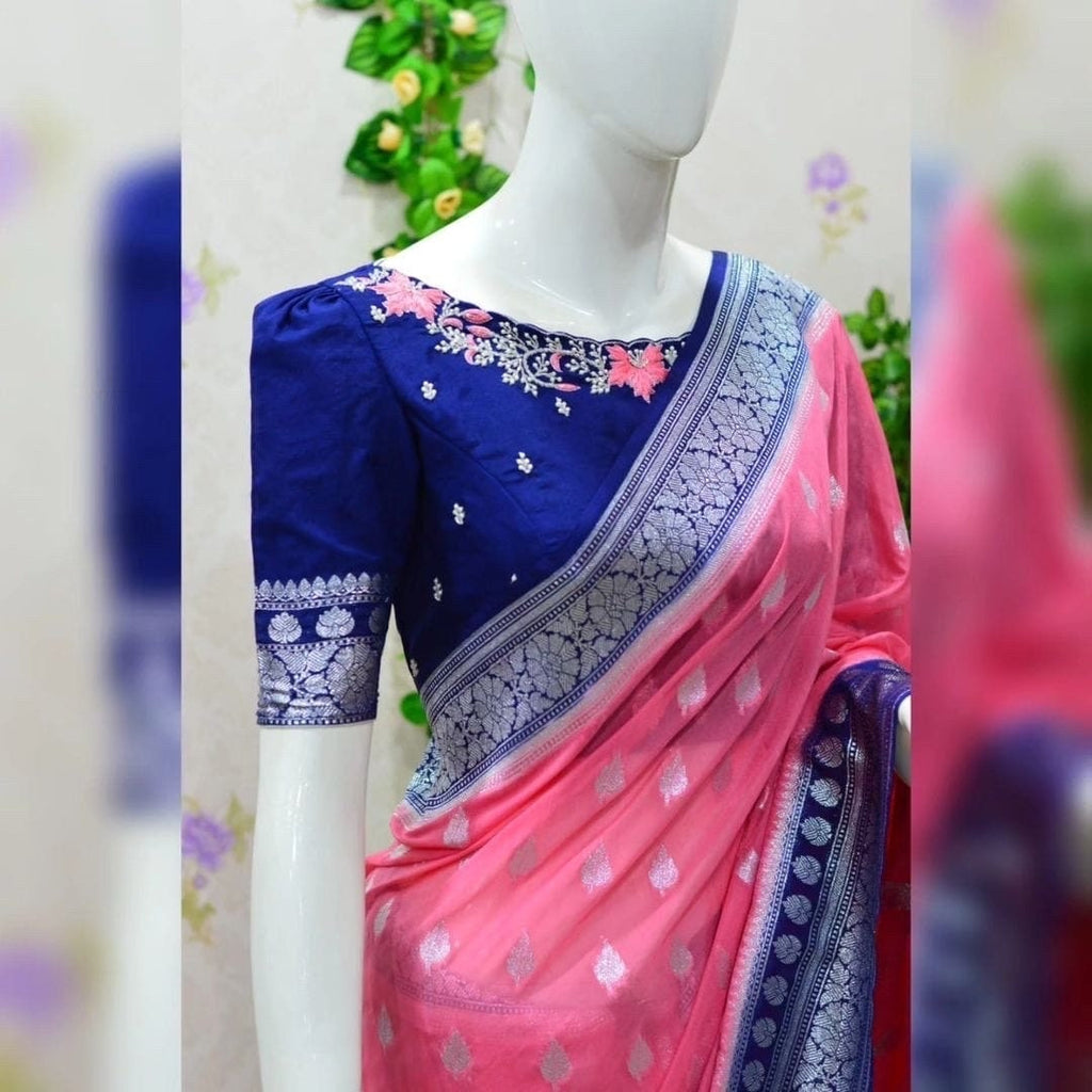 Beautiful banarasi kattan saree paired up with pretty maggam work blouse.