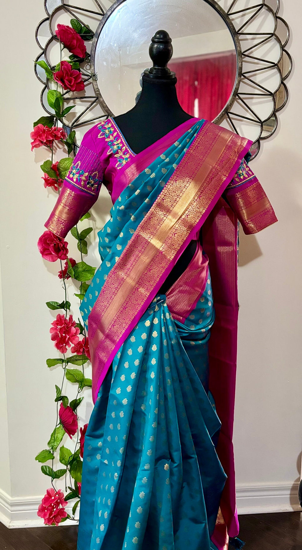 Kanchipuram soft silk saree in rare colors with beautifully done hand  made embroidered blouse with ready to wear work blouse fits 32 to 46