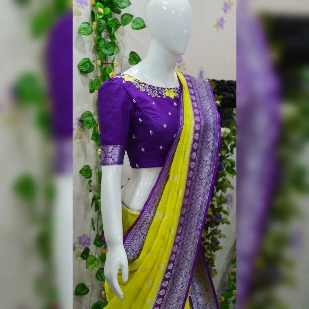 Beautiful banarasi saree paired up with pretty maggam work blouse.