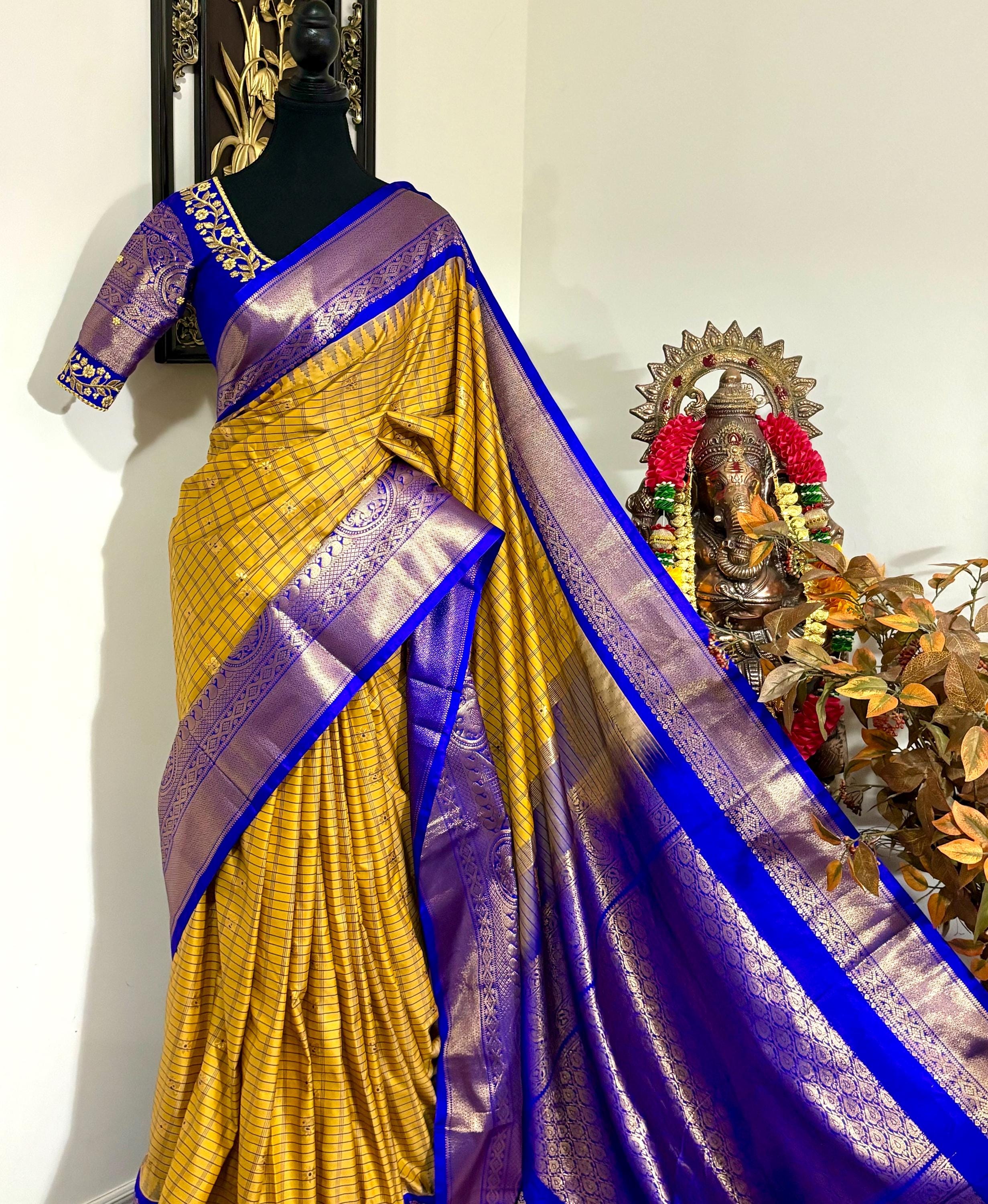 Gadwal Handloom pure silk sarees in rare colors and ready to wear blouse with embroidered blouse fits up to 32 -46 saree is ready fall pico