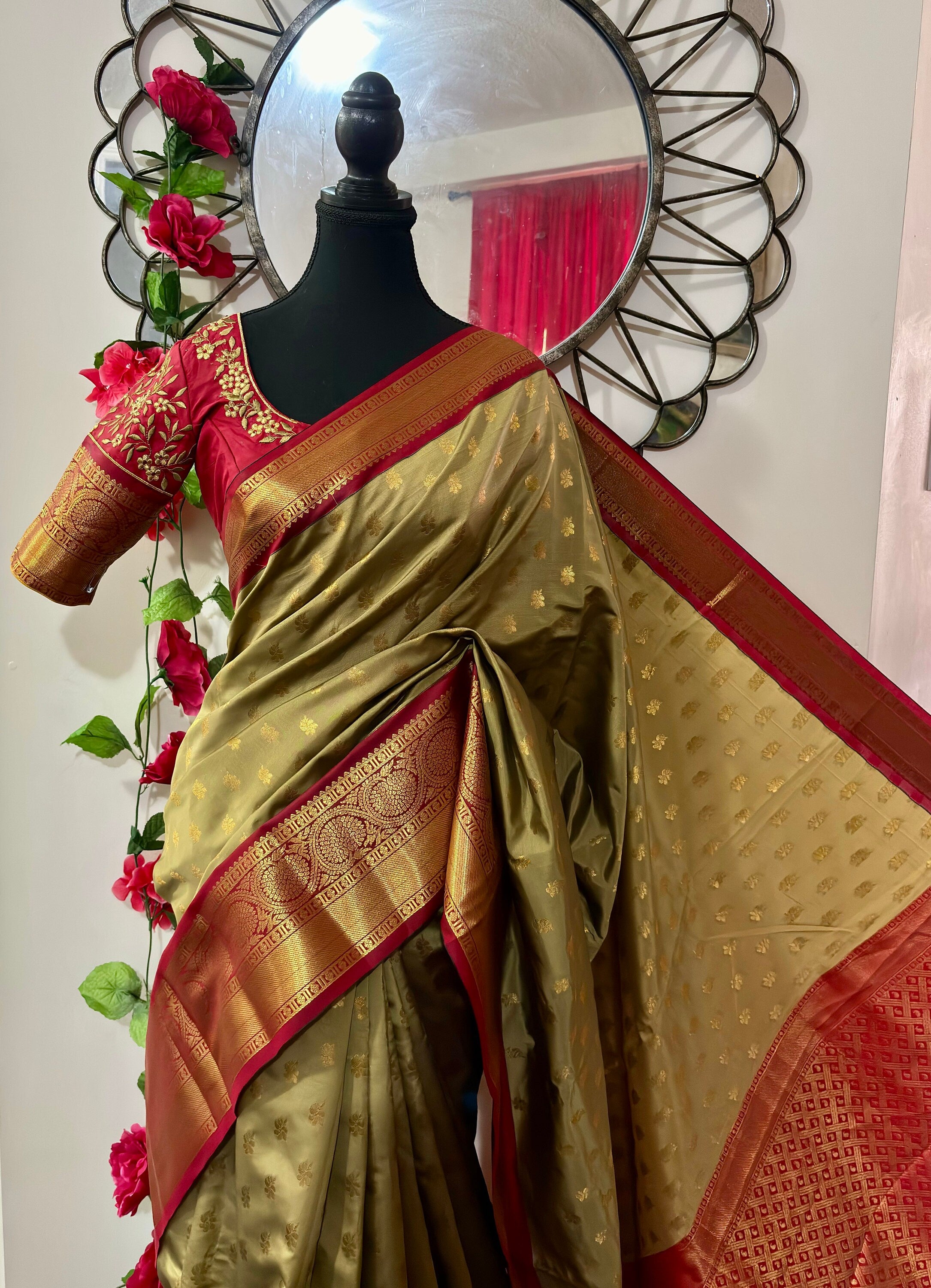 Kanchipuram soft silk saree in rarecolors with beautifully done hand  made embroidered blouse with readytowear work blouse fitsup to32 to 46