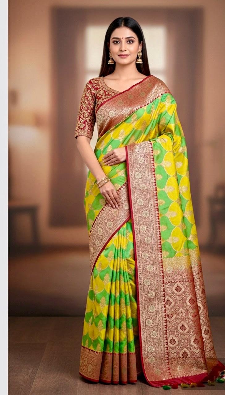Pure silk  banarasi silk saree paired up with beautiful embroidery blouse fits to 32 to 46 in beautiful rare colors all over jaal. Cocktails