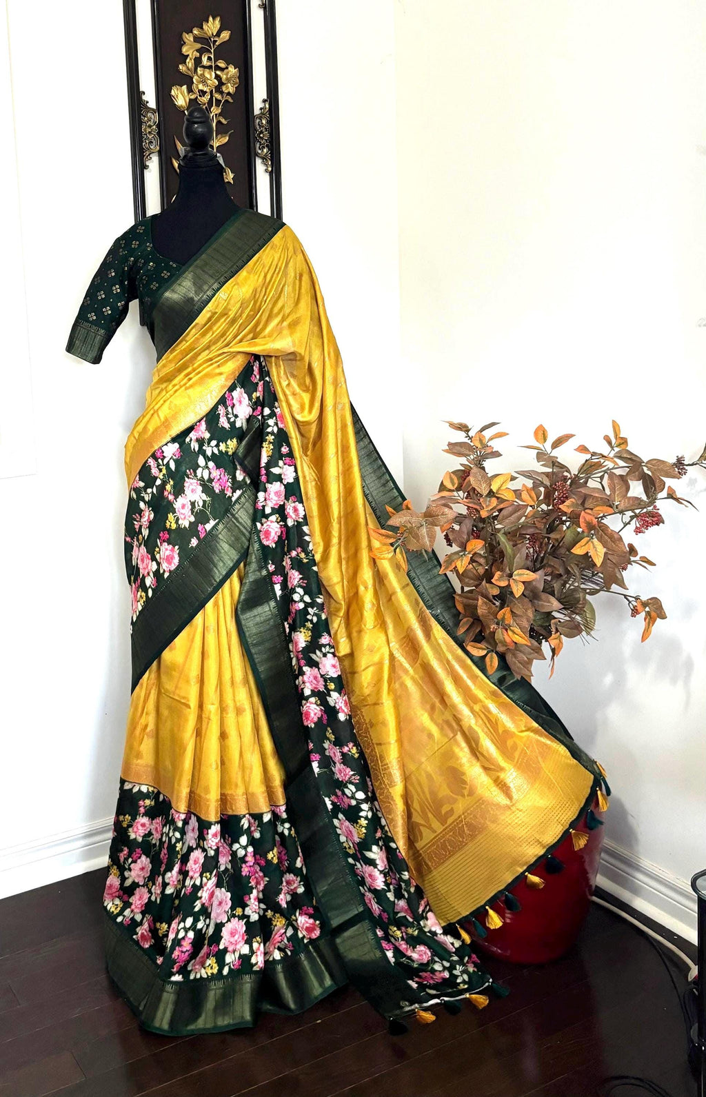 Light weight easy to drape Soft Silk fancy Saree; with beautiful pythani boarder, with Pochampalli design ready to wear Blouse fits 32-46