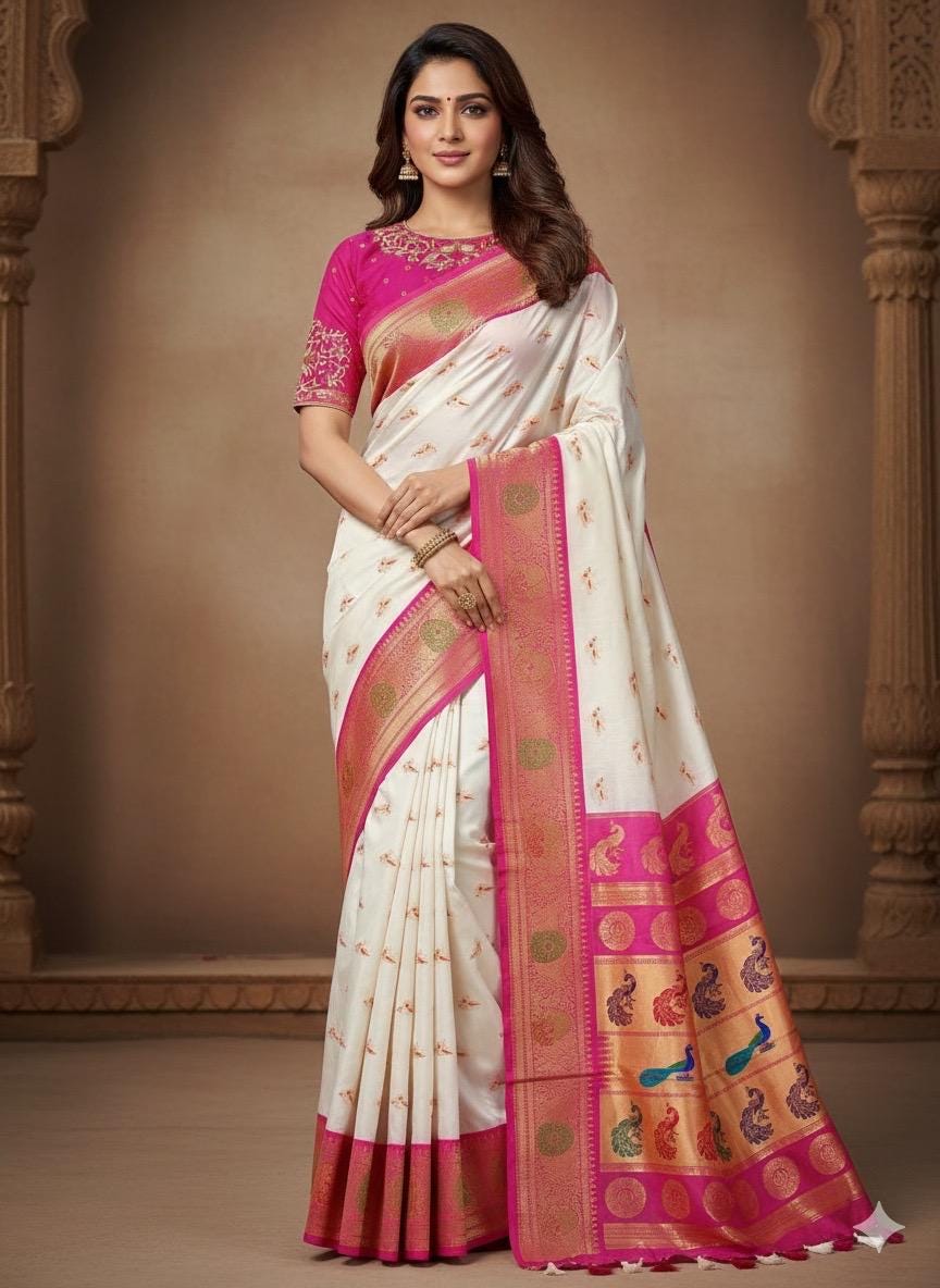 Beautiful pythani pure silk saree with   ready to wear beautiful  work blouse fits up to 32 to 46 Bottle green color, saree is ready to wear