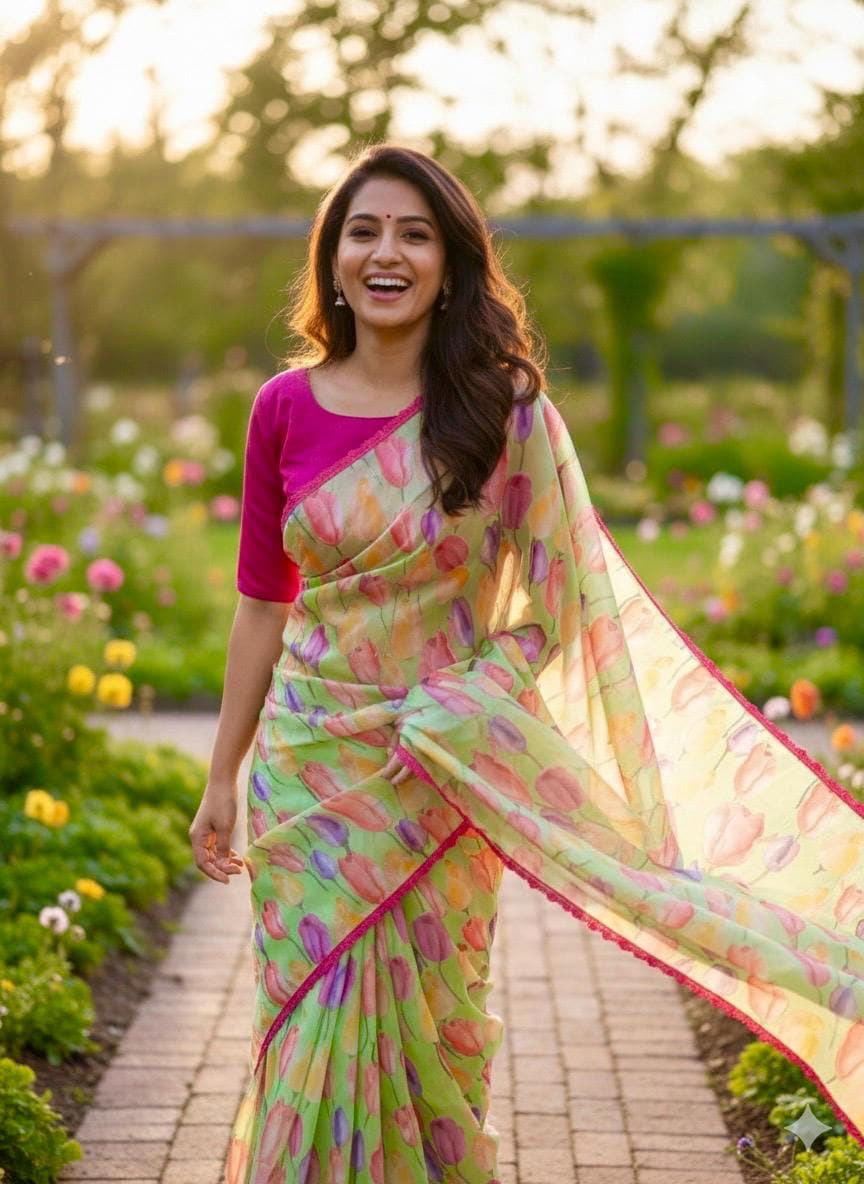 Beautiful Designer floral soft Organza Saree with beautiful lace ready to wear designer blouse fits to 32 to 46