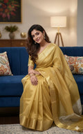 Banarasi double shades golden  tissue saree with self weaving stripes  on all over with beautifully done work blouse fits 32 to 46