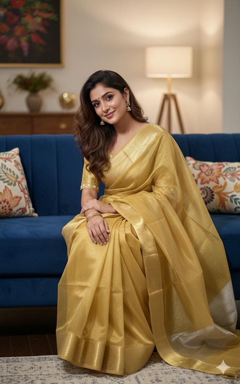 Banarasi double shades golden  tissue saree with self weaving stripes  on all over with beautifully done work blouse fits 32 to 46